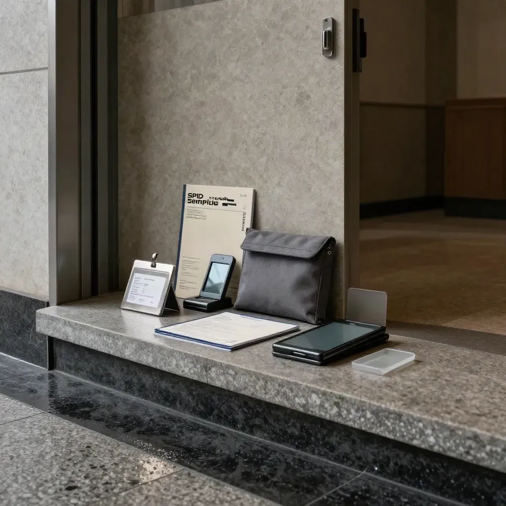 Ledge d’ingresso con tessera sanitaria, lettore card e busta SPID in luce drammatica.