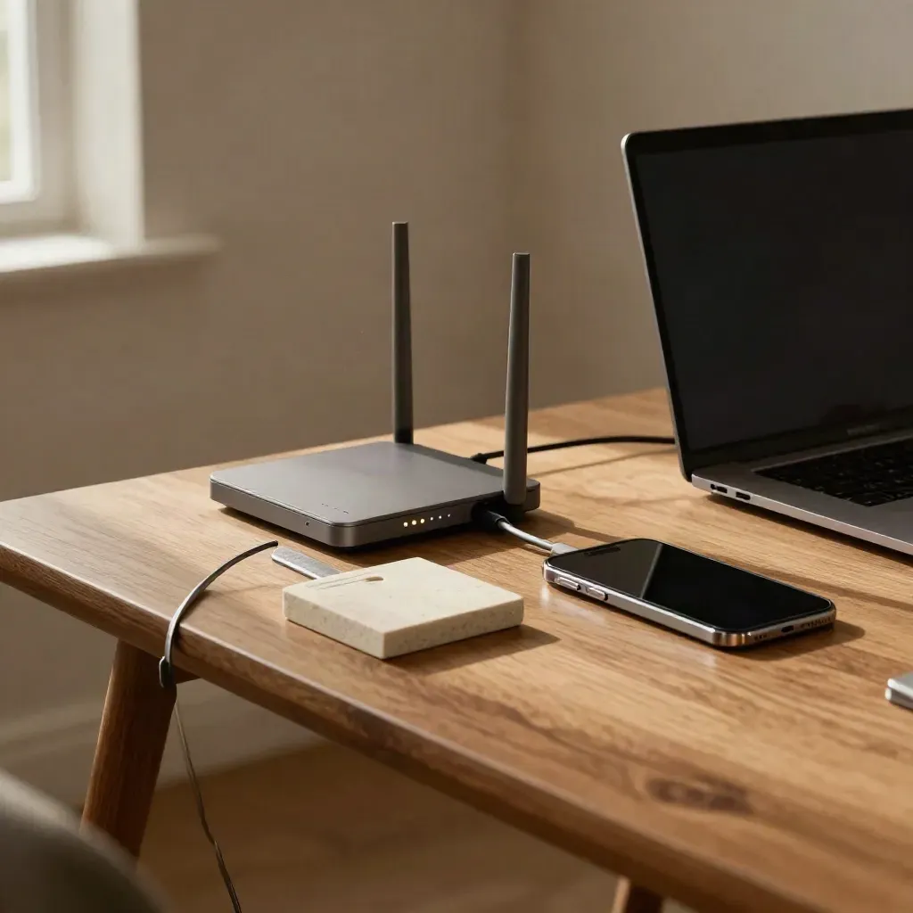 Home office con router acceso, laptop chiuso, card reader e telefono pronti per SPID.