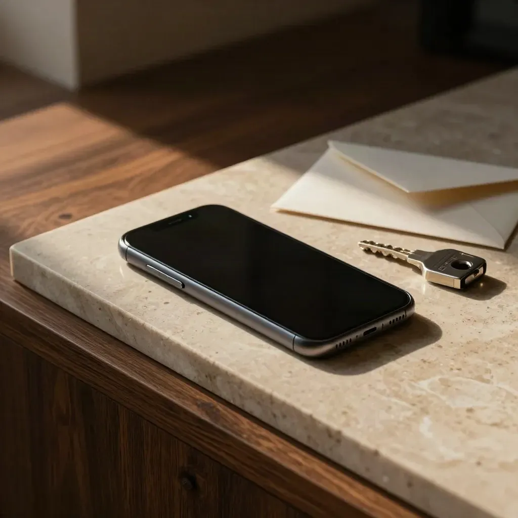Telefono nero, chiave di backup e busta riaperta su pietra in luce calda.