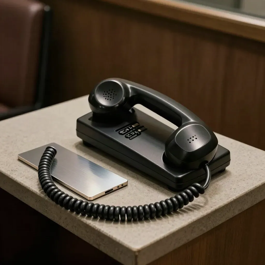 Cornetta telefonica con base e pannello chiuso in un angolo tecnico silenzioso e buio.