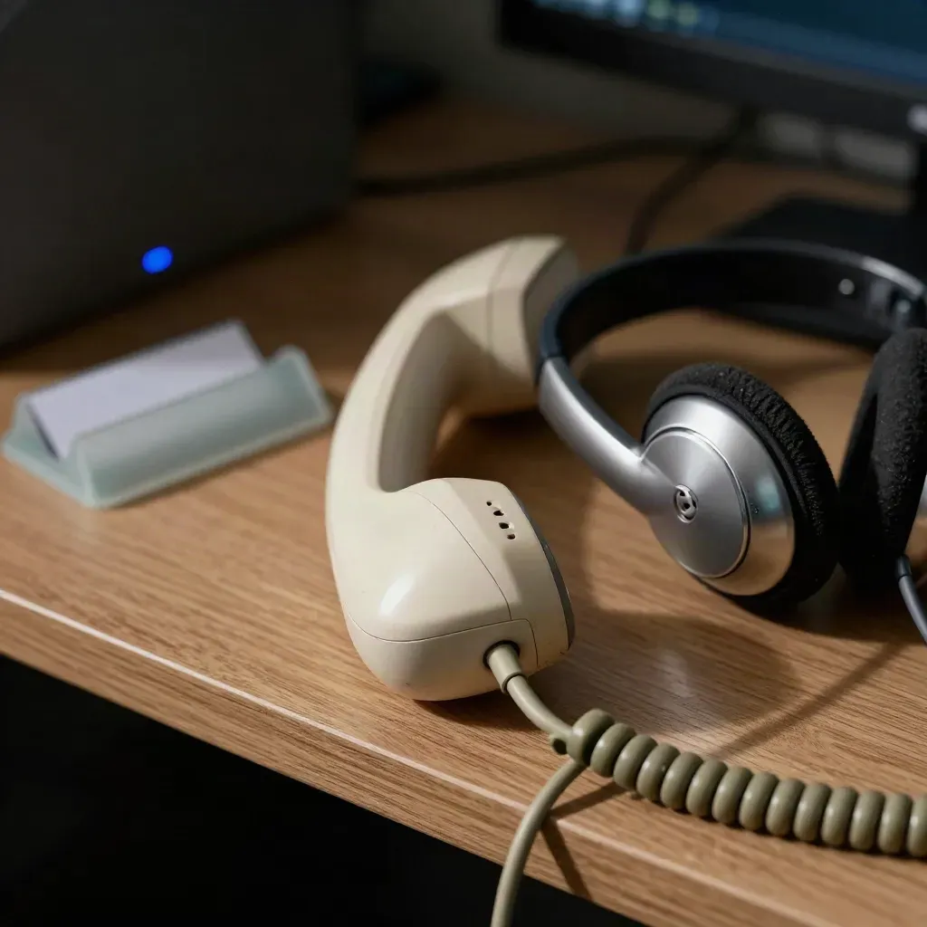 Telefono da scrivania, cavo intrecciato e archetto cuffie su ripiano in legno scuro.