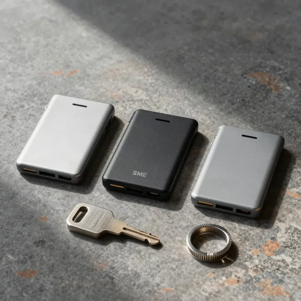 Flat lay dall’alto con lettori smart card, chiave di sicurezza e token business su pietra grigia.